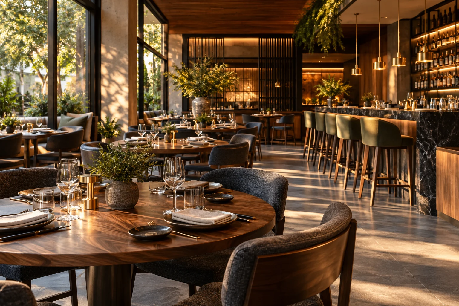 Interior de restaurante com mesas de madeira, iluminação acolhedora e detalhes em dourado